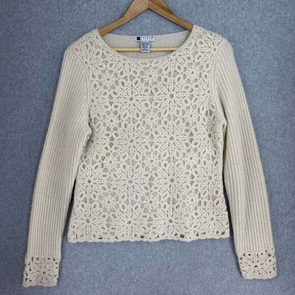 Carole Little Cream Knit Crochet Lace Sweater‎ Size Medium Wool Angora Blend - Picture 1 of 14
